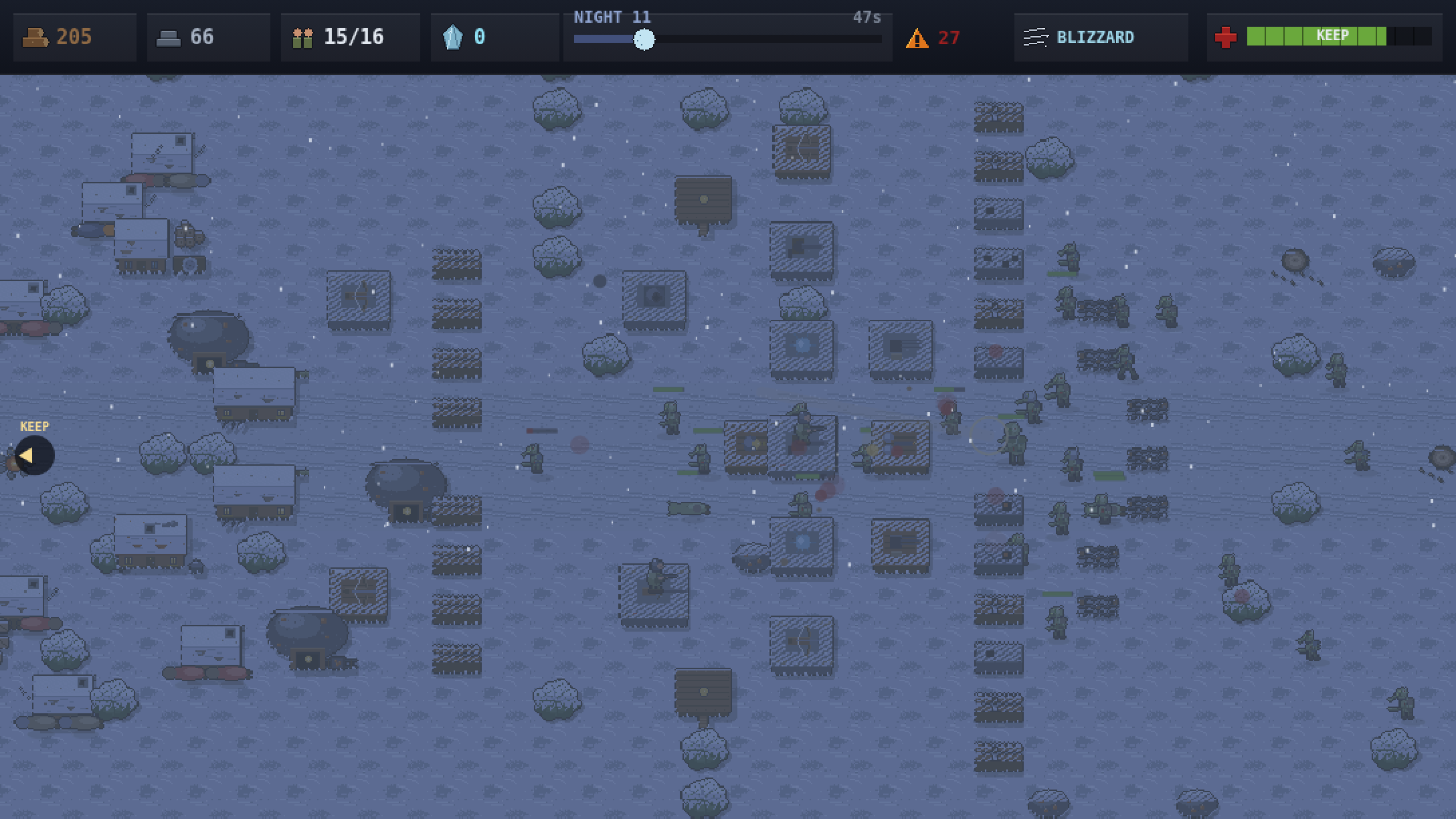 A blizzard night: infected at the wall line, towers firing, visibility down