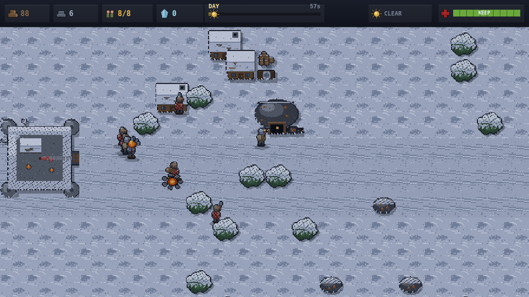A working camp at day: houses, lumber camp, workshop, walls and towers under light snowfall